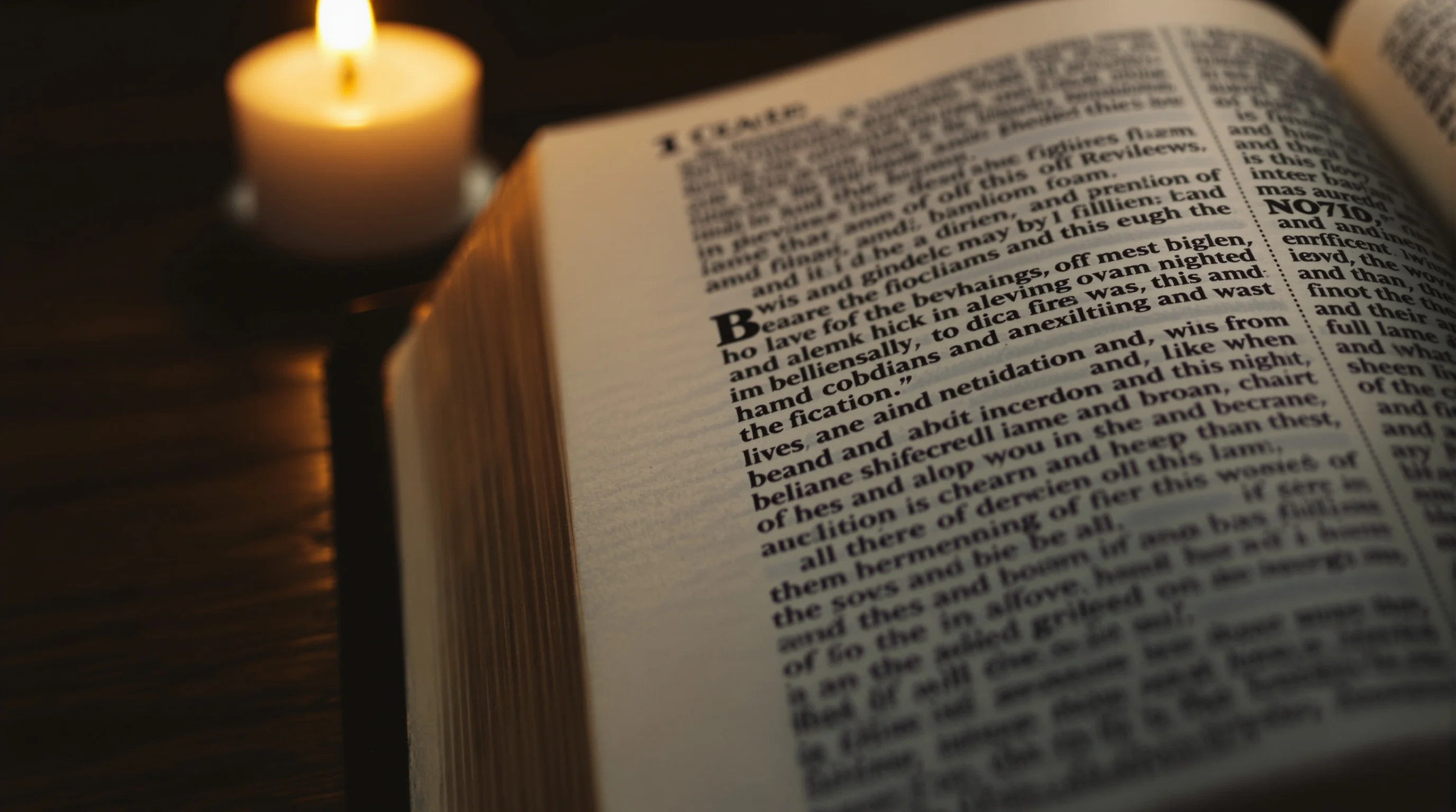Open Bible illuminated by warm candlelight on a dark wooden surface, evoking the sacred alpha and omega meaning in Revelation.