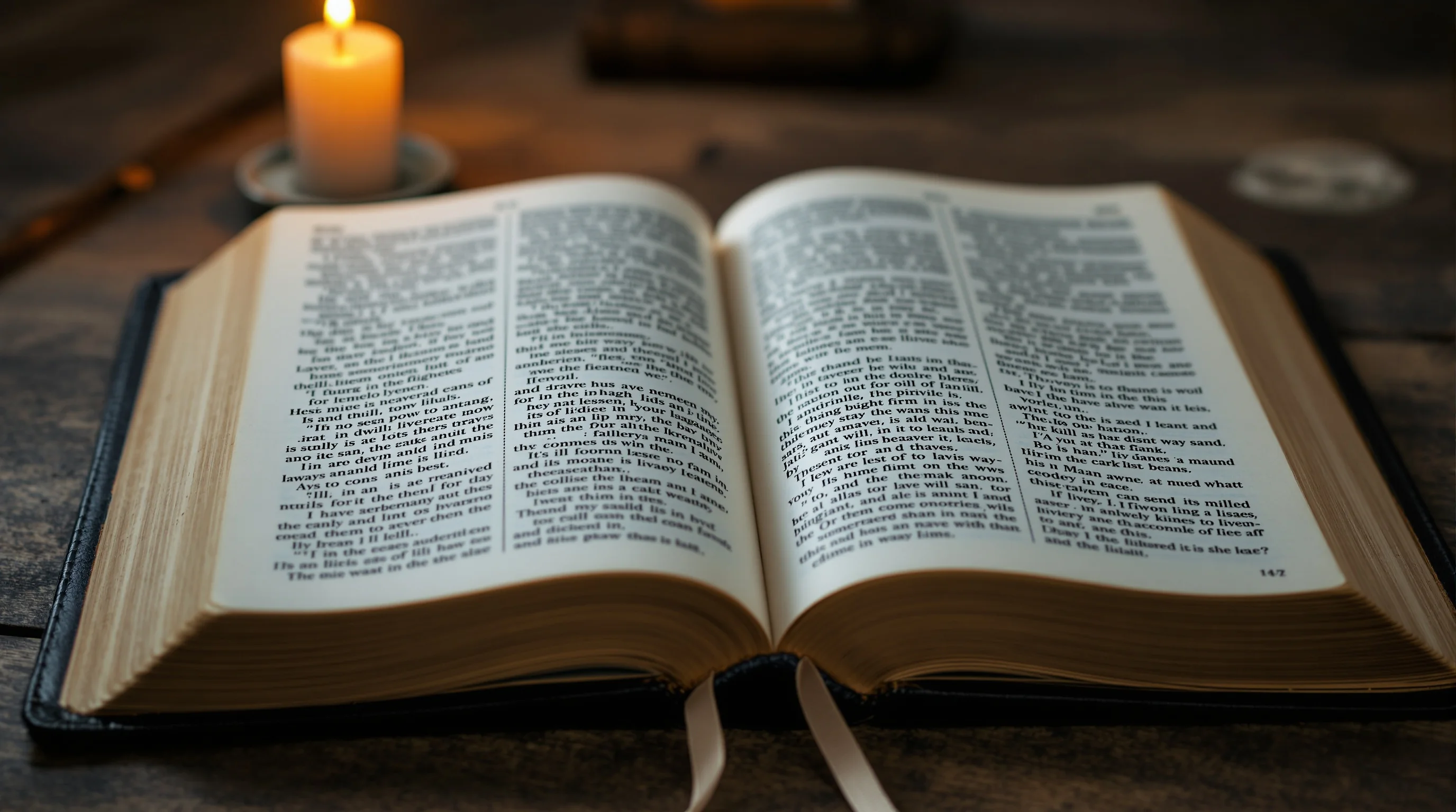 Open Bible illuminated by candlelight on weathered wood, evoking quiet theological study of the lake of fire in Revelation.