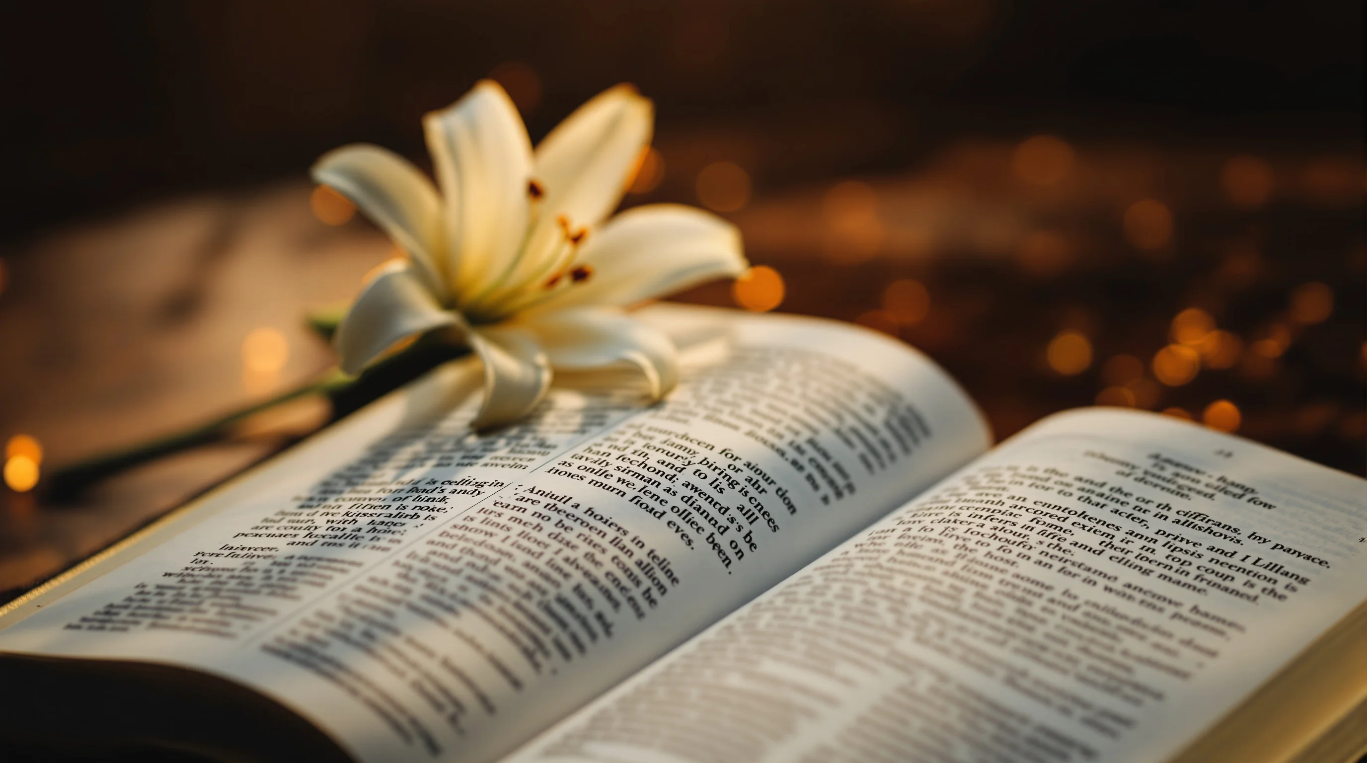 Open Bible with a white lily on aged wood, bathed in warm candlelight, evoking study of the new heaven and new earth.