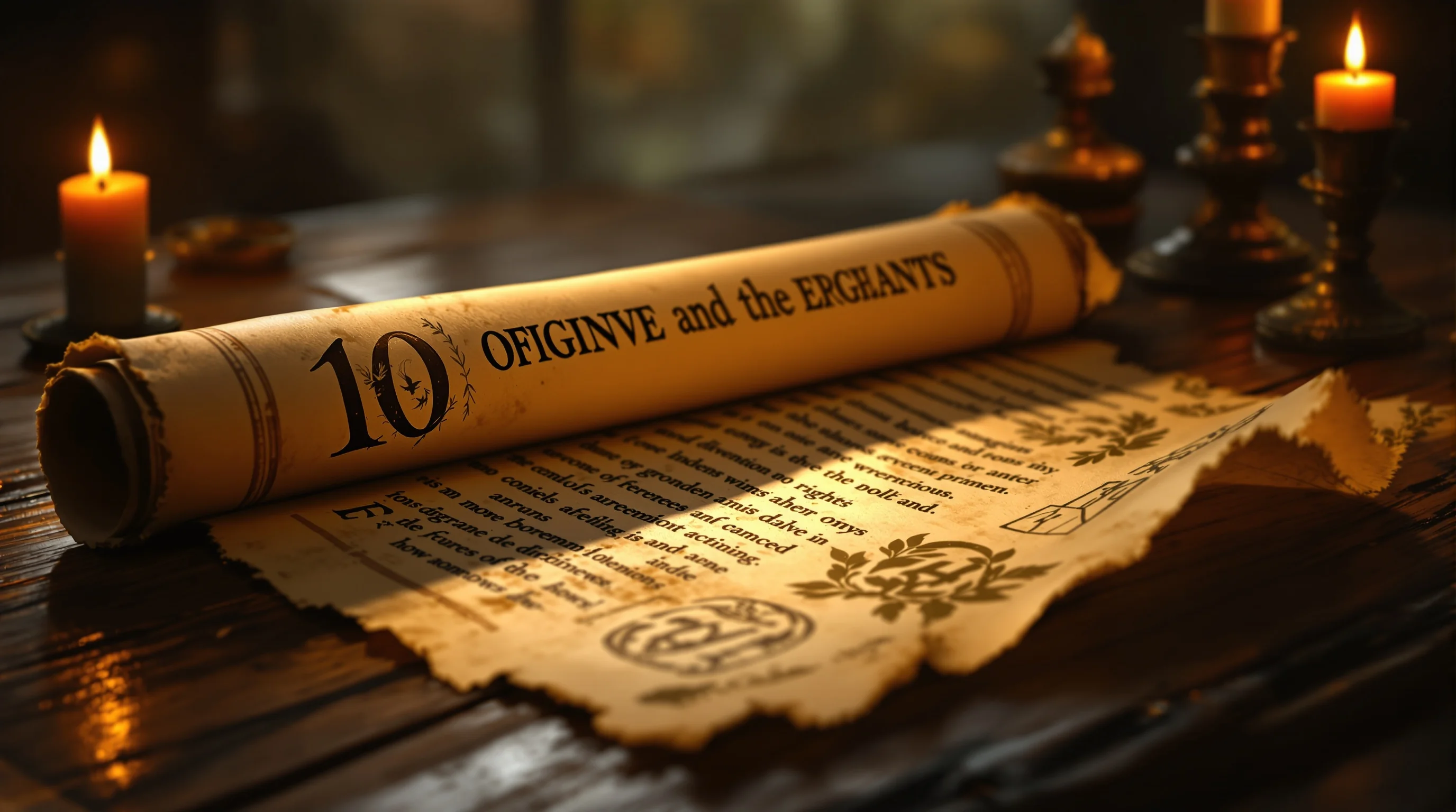 Ancient scroll with peaceful symbols like doves and olive branches illuminated by warm candlelight on wooden table