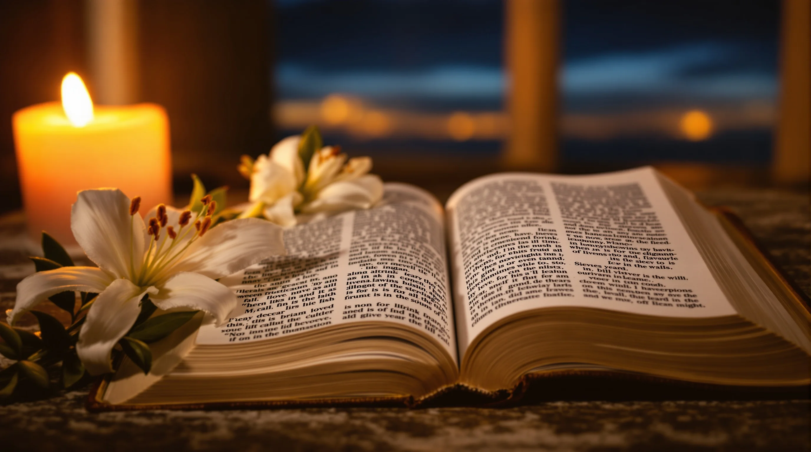 Open Bible in candlelight beside a white lily and olive branch, with a twilight sky glowing in the background.