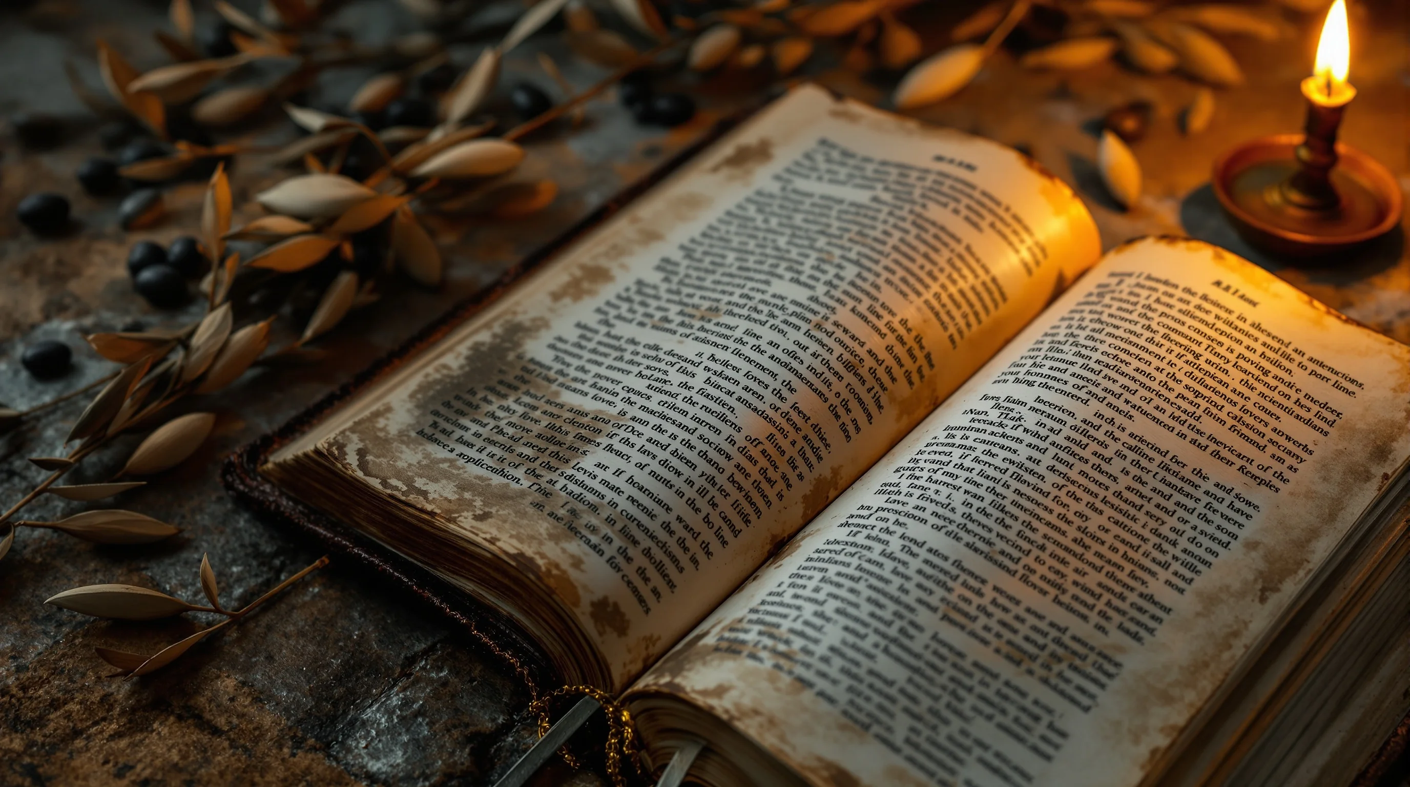 Worn leather Bible open on ancient stone surface, lit by flickering oil lamp with warm amber glow and dried olive branches nearby.
