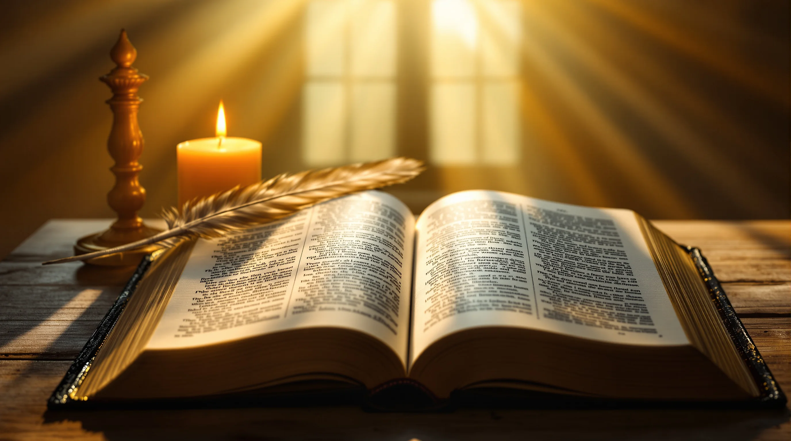 Open Bible with feather quill by candlelight, evoking the prophetic weight of the Three Angels Messages in Revelation 14.