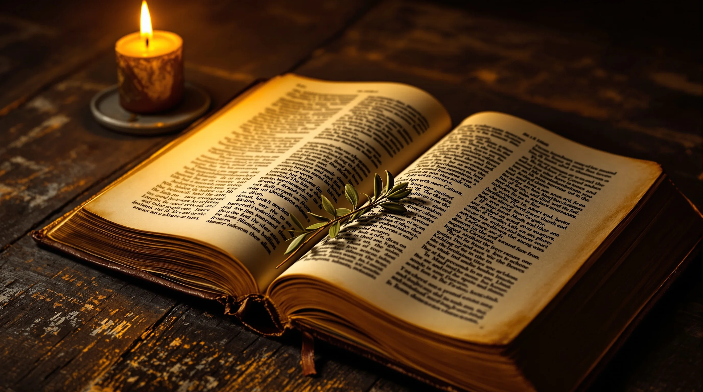 Open ancient Bible on weathered wood with warm candlelight and olive branch, evoking devotional Bible study of amillennialism.