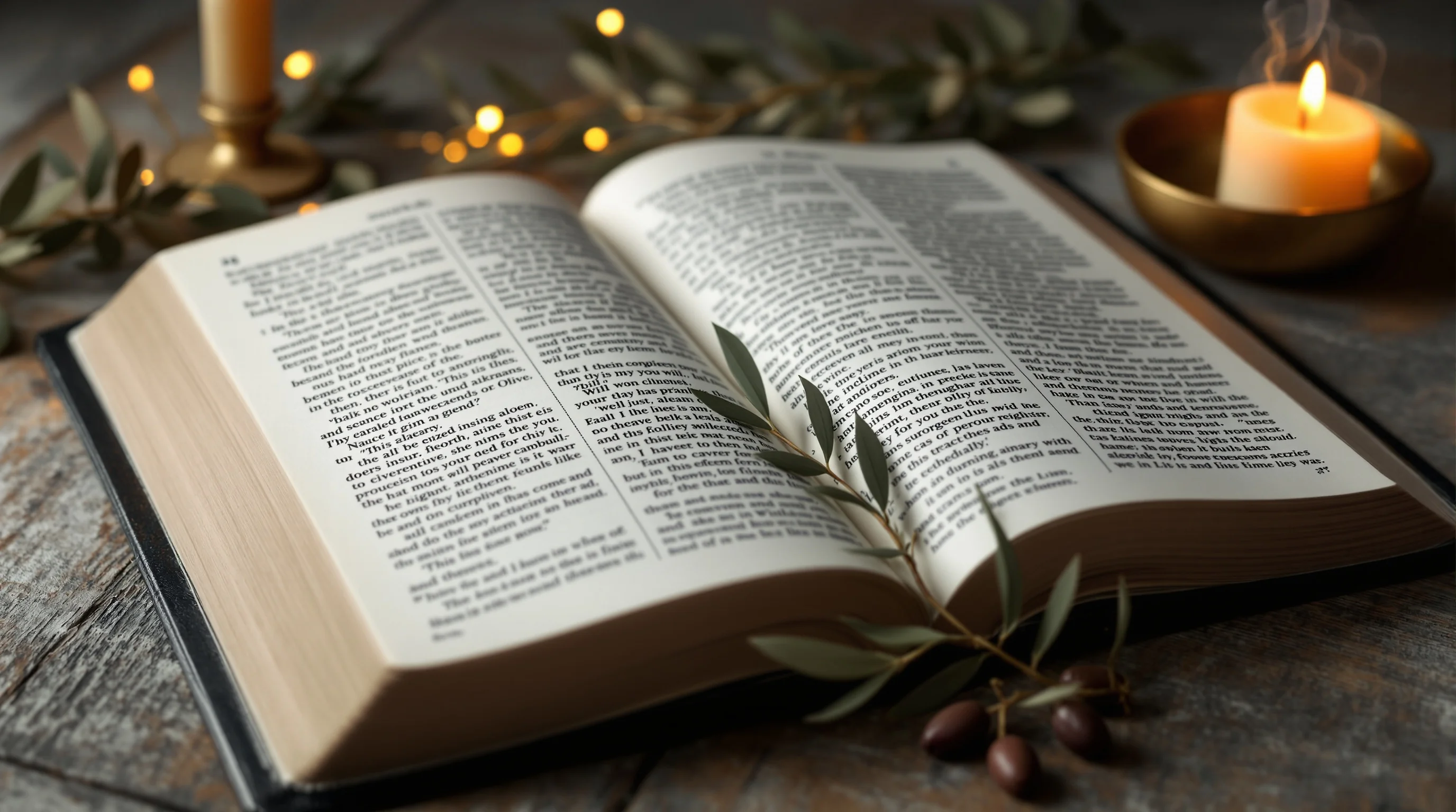 Open Bible with olive branch and candlelight, symbolizing hope and peace in postmillennial theology