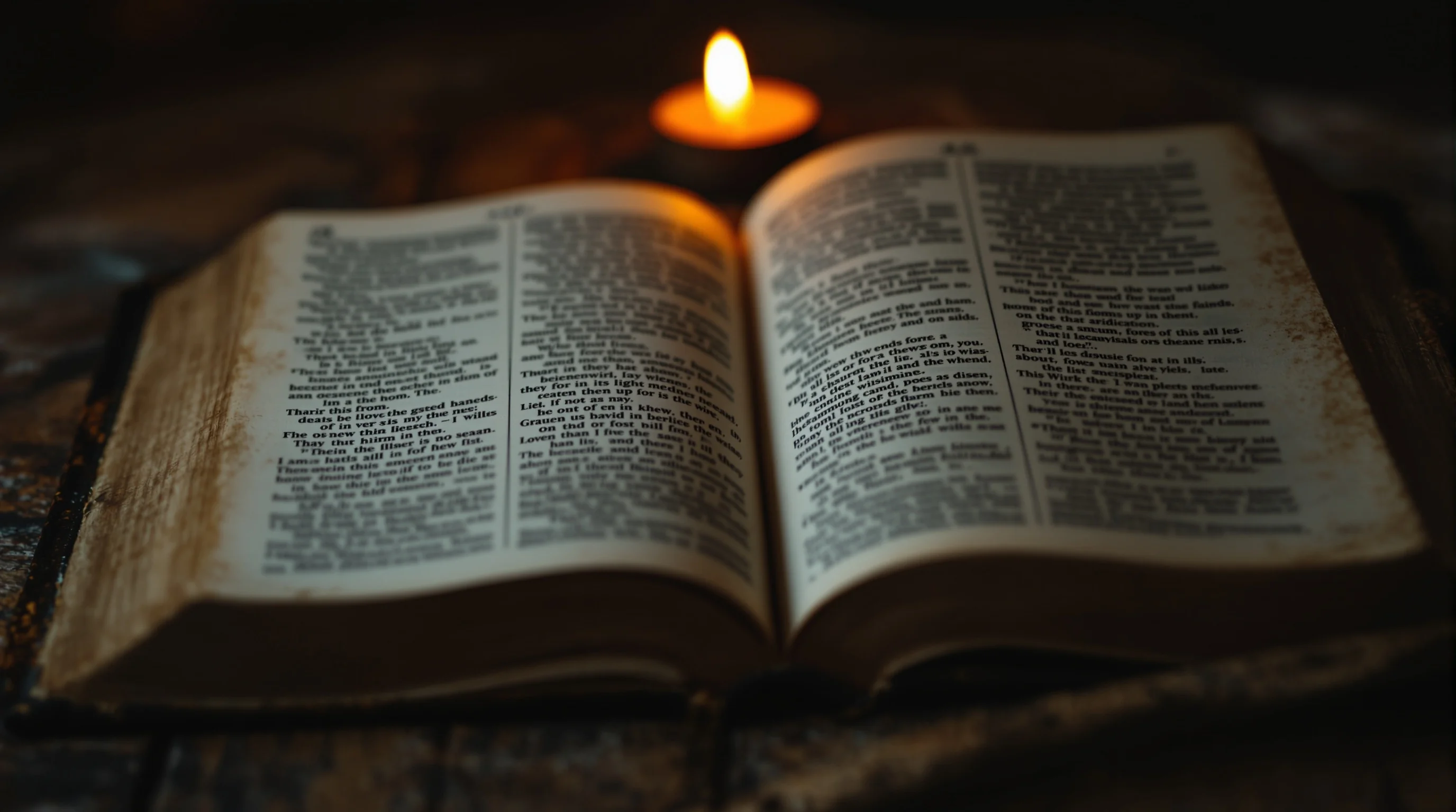 Aged open Bible illuminated by warm candlelight on a weathered wooden surface, evoking contemplative theological study.