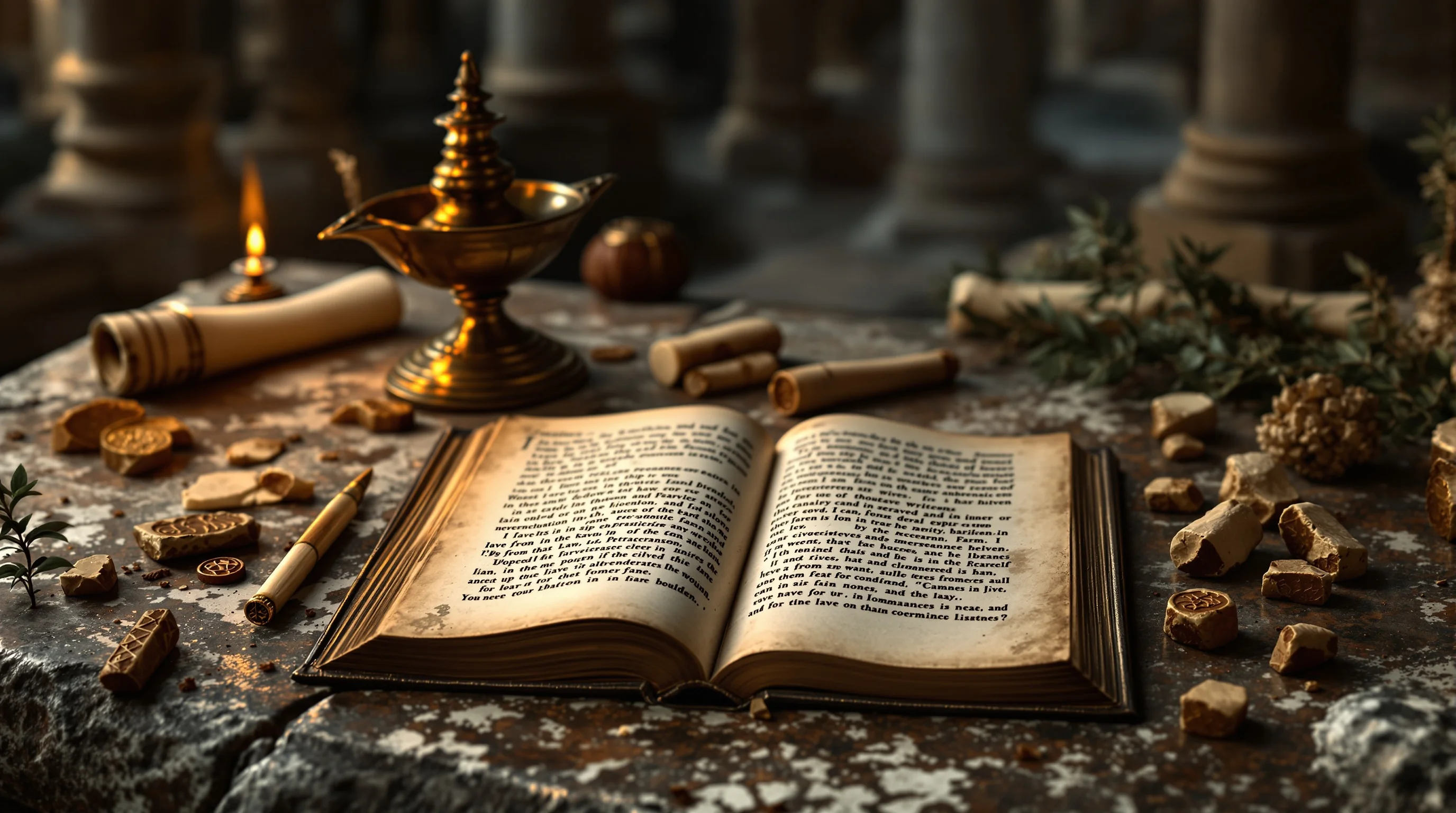 Ancient Roman writing desk with open manuscript, bronze oil lamp, stylus, and wax seals evoking the era Revelation was written.