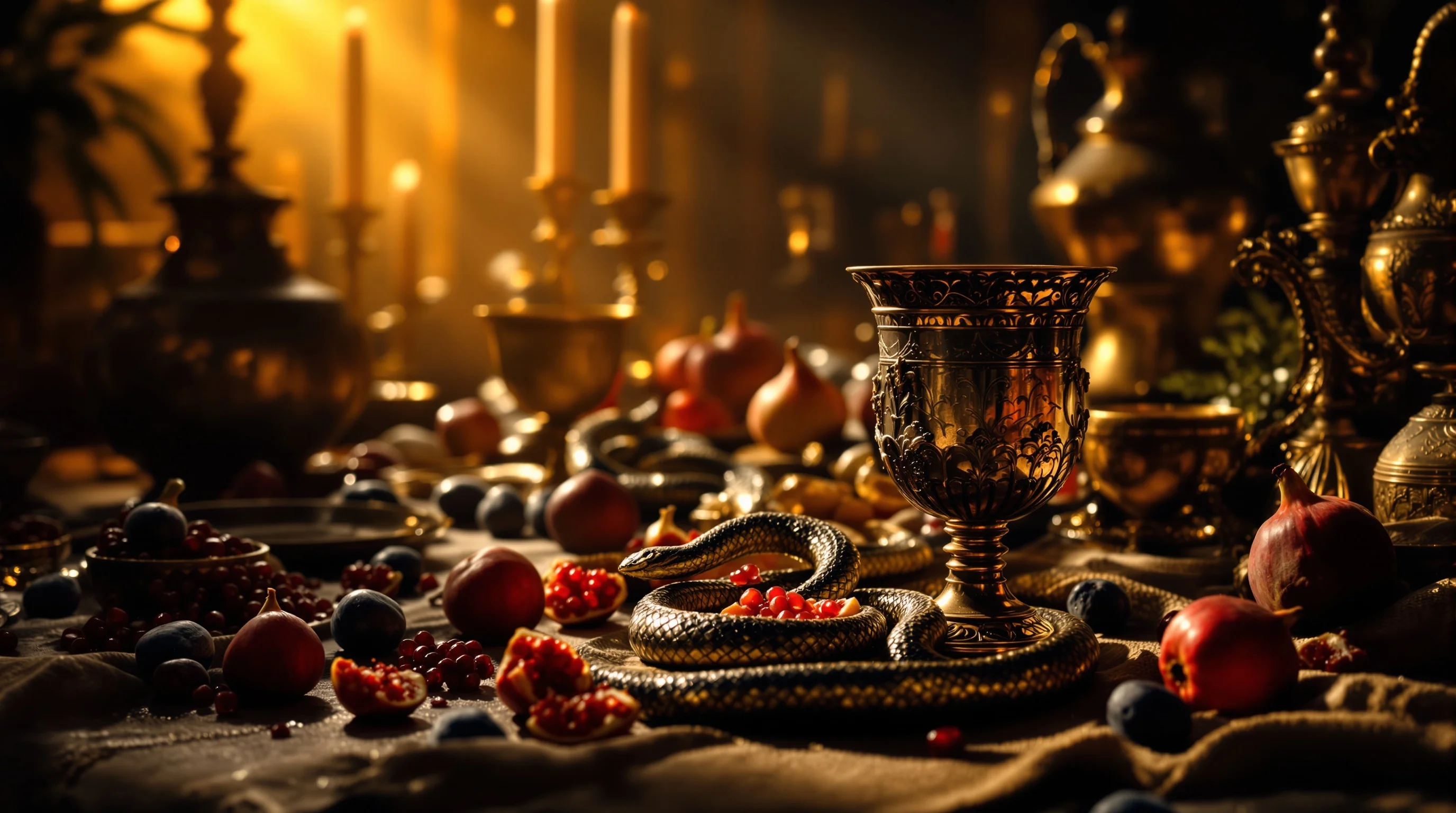 Ancient Roman banquet table with bronze vessels, pomegranates, and a coiled serpent symbolizing the Nicolaitans' idol-feasting danger.
