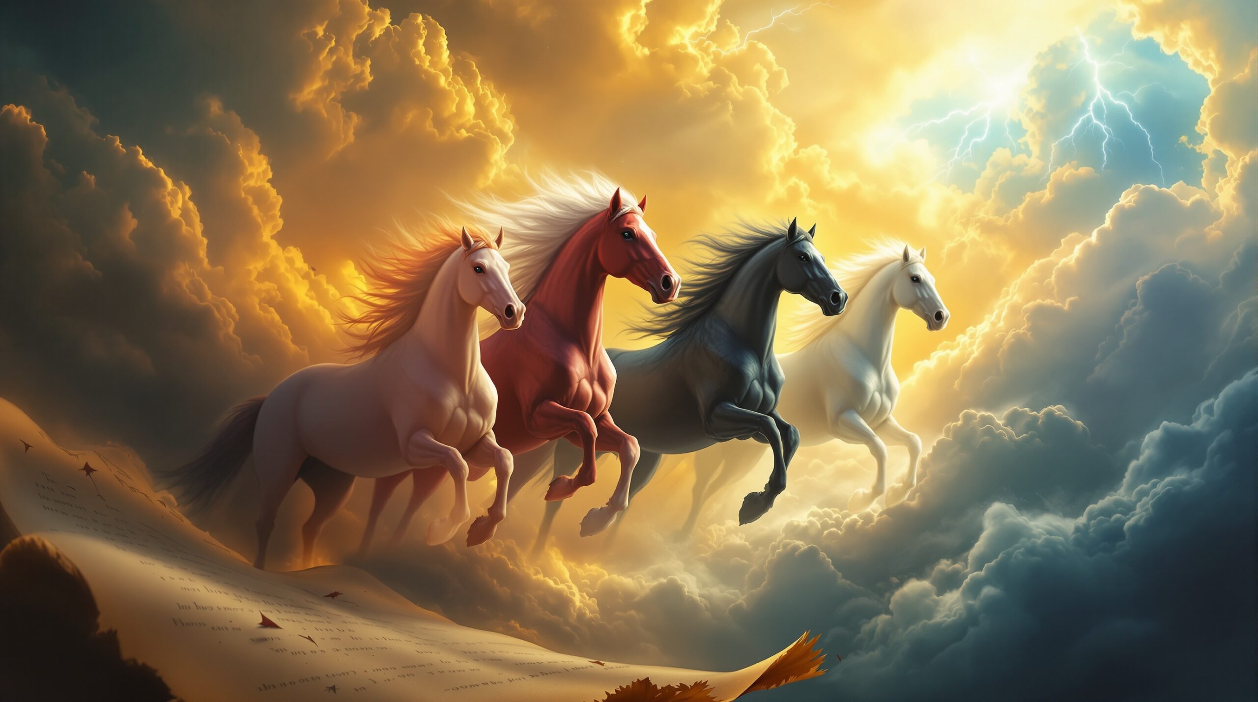 Four Horses Command the Heavens Four horsemen of the apocalypse emerge from storm clouds in white, red, black, and pale green, surrounded by divine light and ancient scrolls with dramatic celestial atmosphere.